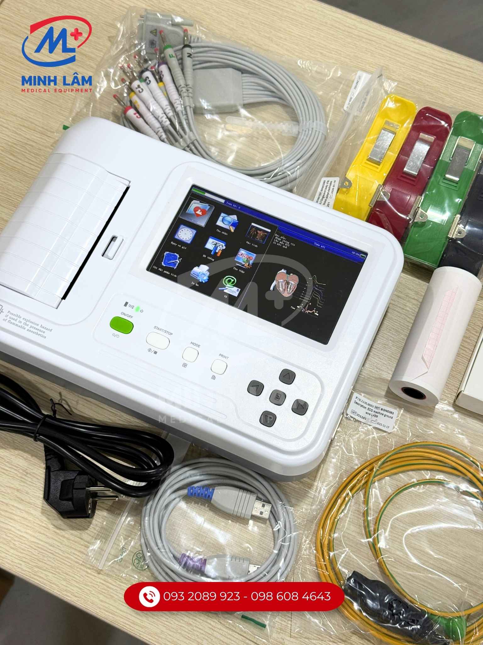 Ảnh thực tế máy điện tim Contec 600g và phụ kiện tiêu chuẩn.
