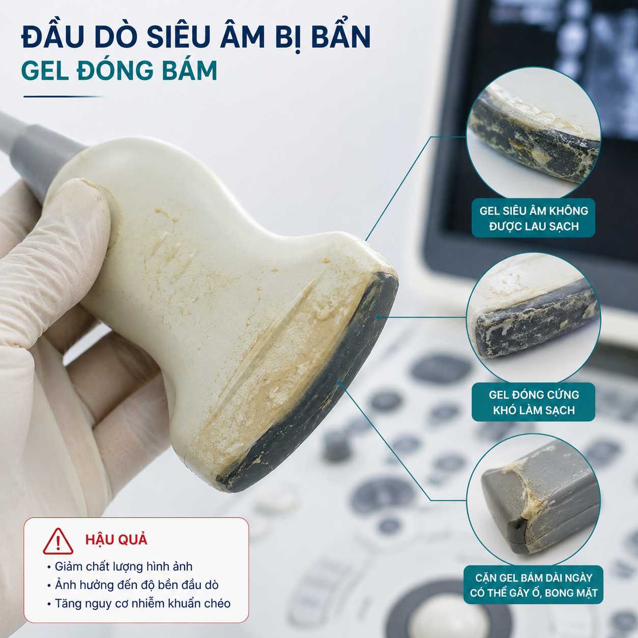Đầu dò siêu âm bị bẩn do gel bám gây ảnh hưởng chất lượng.